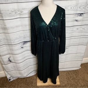 Elegant green Sequin Dress, V neck, faux wrap style